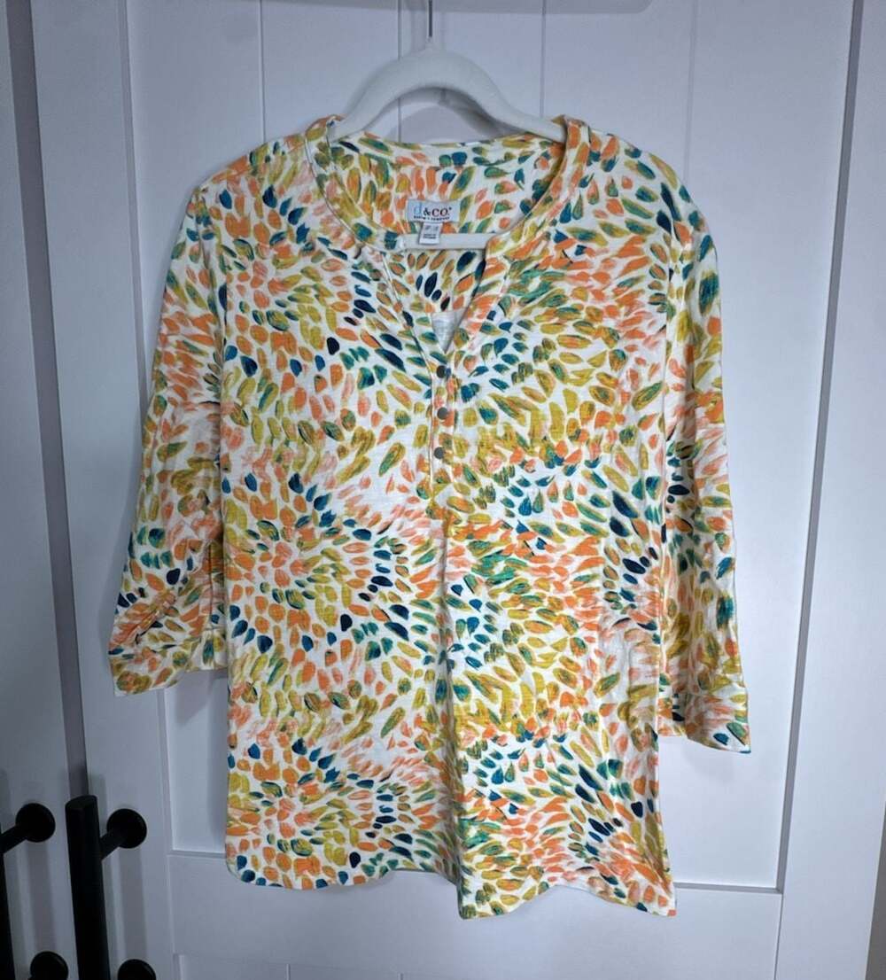 Denim & Co. Textured Knit 3/4-Sleeve Henley Top in Multi-Color Abstract Print